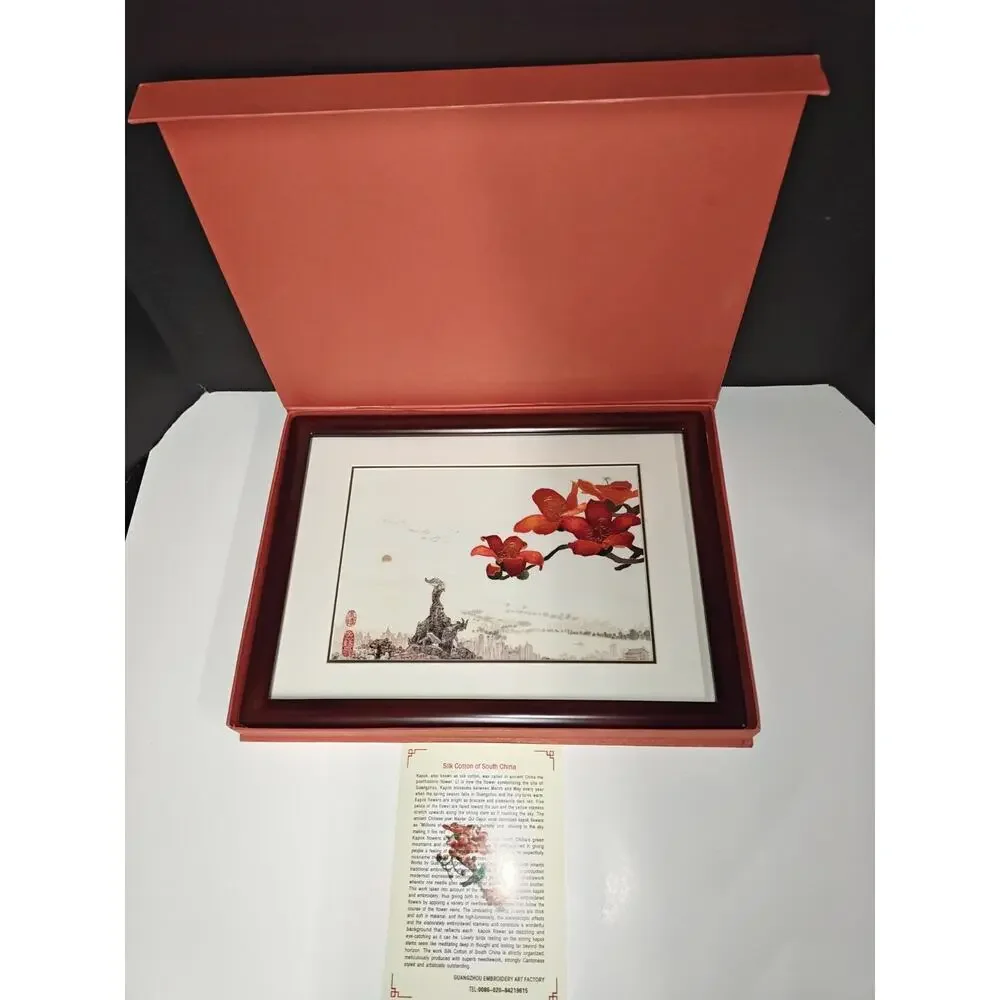 Cantonese Embroidery Kapok Silk Cotton Of South China Red Flowers Framed Decor